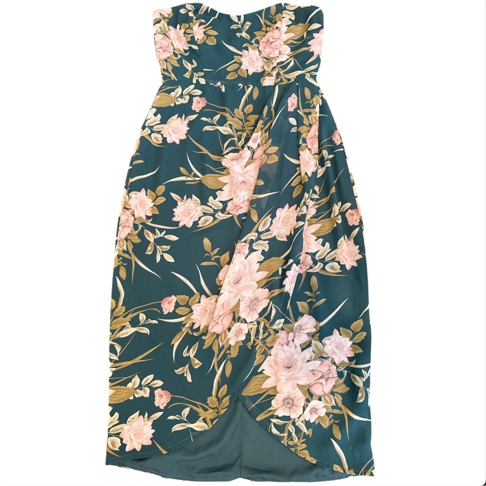 Lulus Effortless Charm Hunter Green Floral Strapless Tulip Midi Dress Size Med - Picture 3 of 9